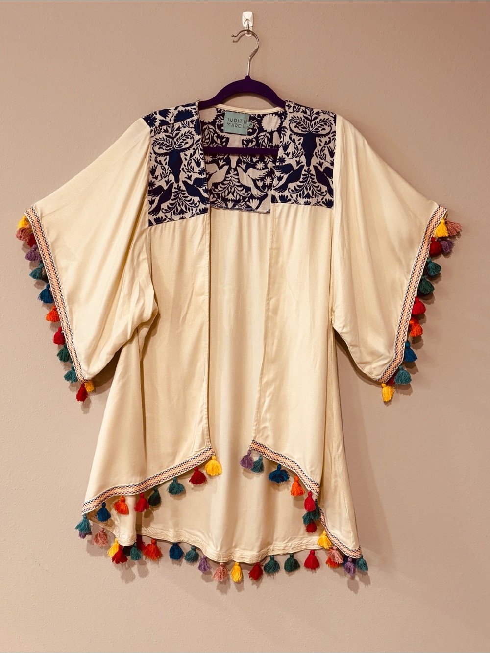 Judith March Embroidered Tassled Draped Kimono Size Medium Beachy Boho Coverup